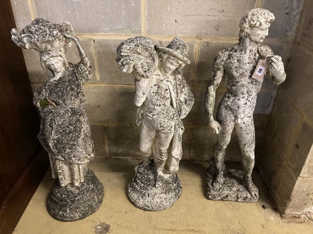 Three reconstituted stone garden ornaments, largest 83cm high